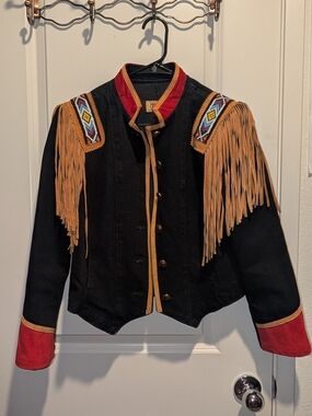 Phoenix USA Frontier Collection Black Red Denim Jacket With Suede And Beads